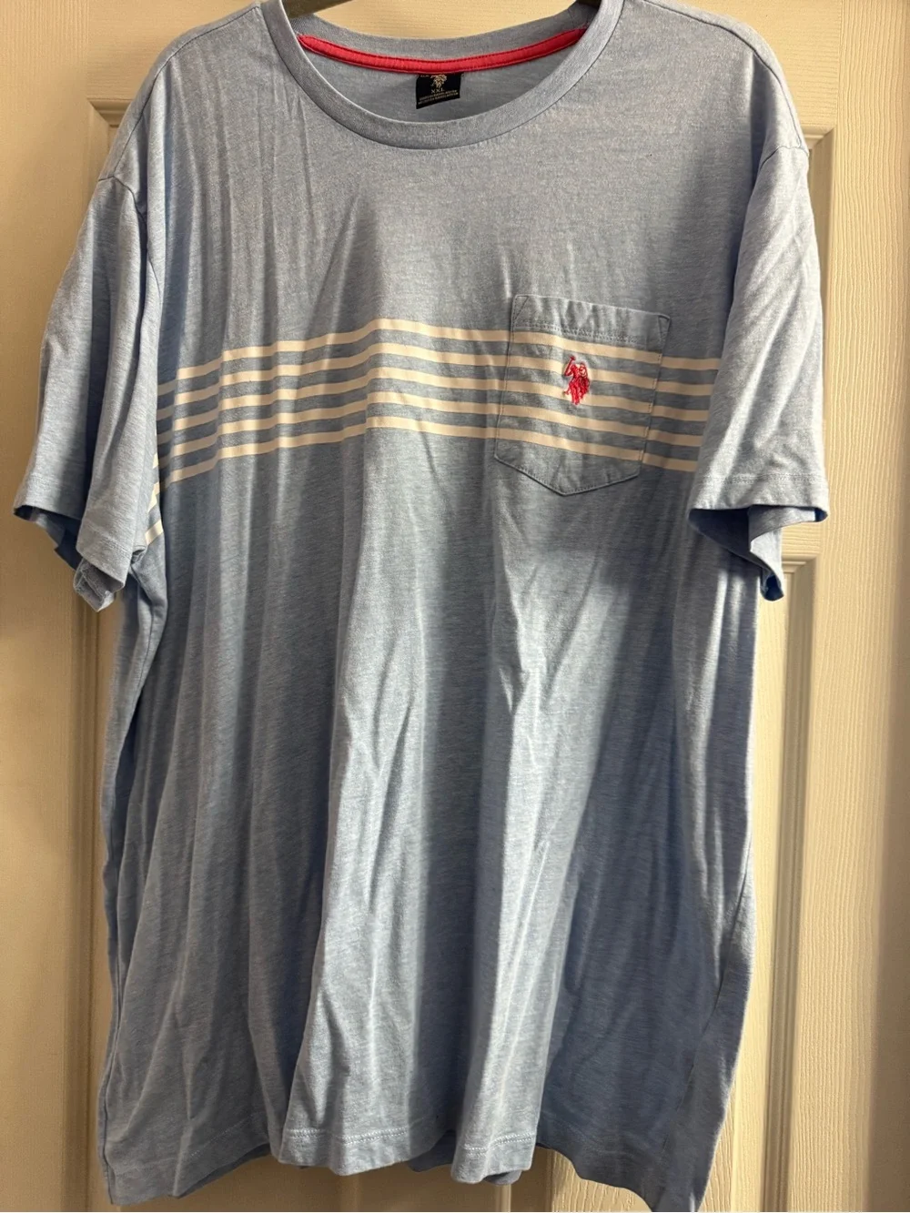 Light Blue Striped Pocket Tee with Red Logo - Men xxl